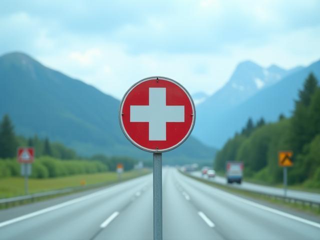 Straßenschild mit Vignette auf der Schweizer Autobahn